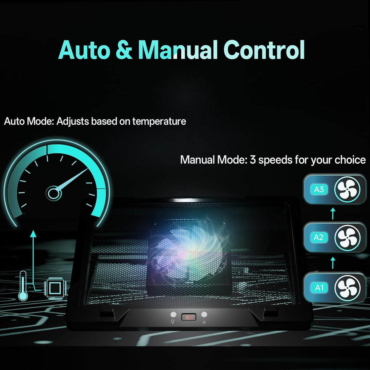 Movable RGB Laptop Cooler with 5.5" Sliding Fan, Ergonomic Cooling Stand with 8 Light Modes for 14-17.3 Inch Gaming Laptops