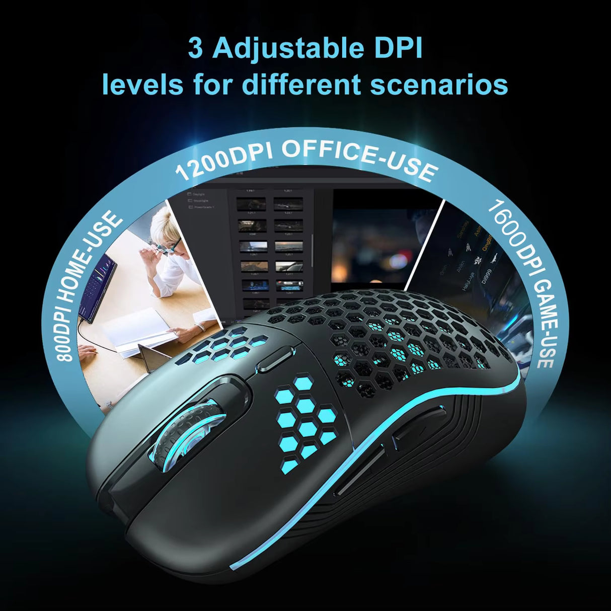 2.4G Wireless Mouse Lightweight Honeycomb Design Rechargeable RGB Backlight Mouse with USB Receiver Adjustable DPI
