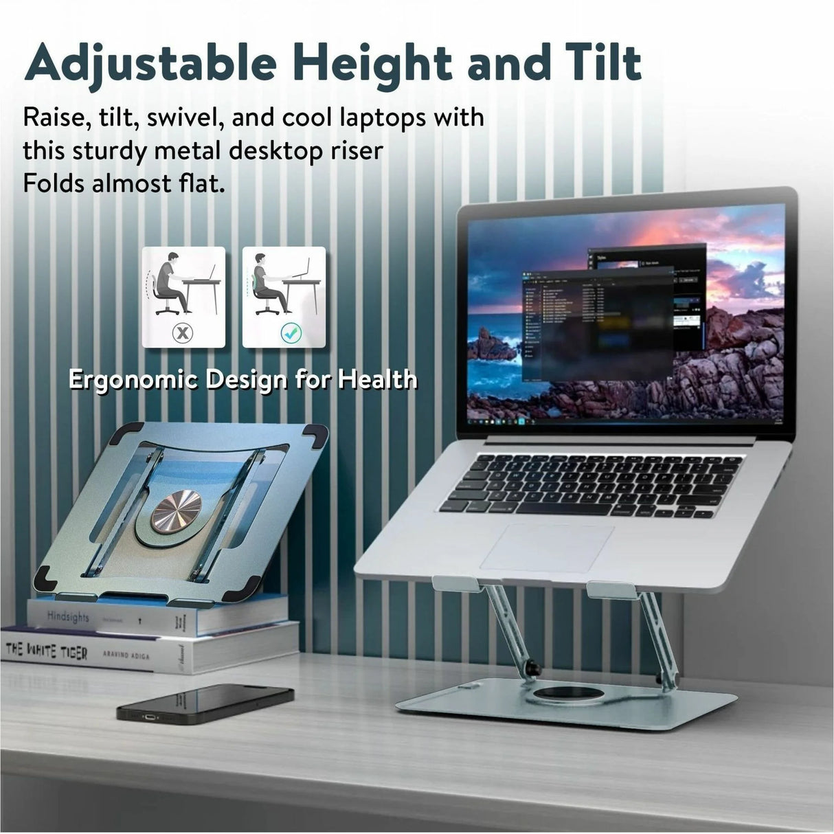 Swivel Laptop Stand for Desk – Adjustable Laptop Stand for Desk 360 Rotation – Raise, Tilt, Rotate, Cool Laptops with This Ergonomic Laptop Riser for Desk Ipad Stand Laptop Cooling Pad (Ocean Blue)