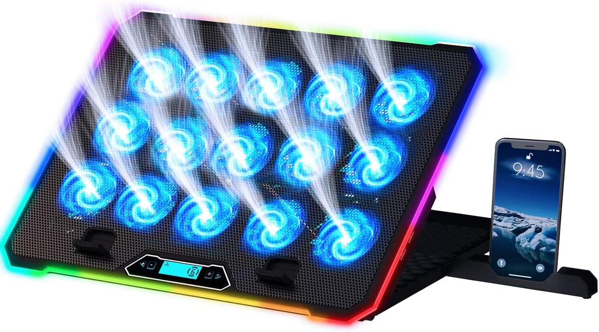 KLIM V15 Gaming Laptop Cooling Pad with 15 Fans + RGB Laptop Cooler + Adjustable