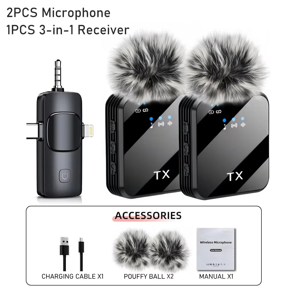 3 In1Microphone for Ios/Android Wireless Lavalier Microphone, Video Recording Noise Reduction, Live Streaming Clip-On Microphone