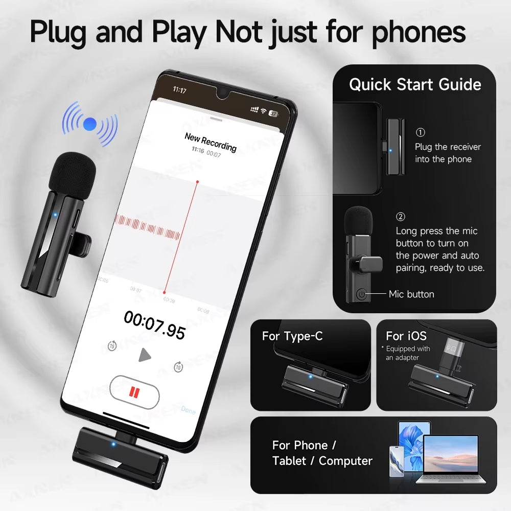 2-In-1 Wireless Lavalier Microphone for Iphone Android, Mini Pro Lapel Mic with Noise Reduction & Pickup for Vlog Live Recording