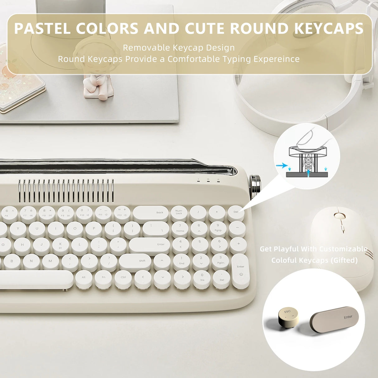 B309 Sand Beige Upgraded Retro Wireless Usb-C/Bluetooth Typewriter Keyboard with Cute round Keycaps&Integrated Stands