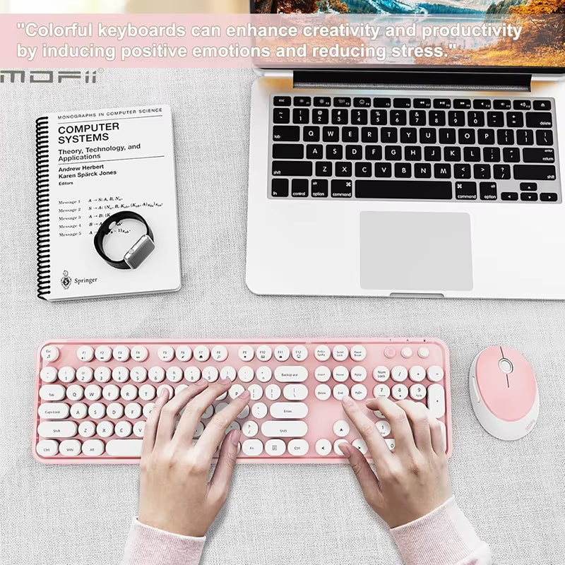 Ergonomic 104 Keys Full Size round Retro Keycaps Wireless Keyboard and Mouse Set 2.4G Wireless Keyboard Mouse Combo for Desktop
