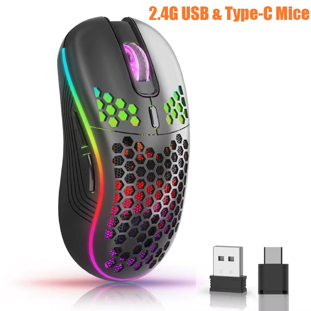 2.4G USB and Type-C Wireless Gaming Mouse RGB Backlight Rechargeable Adjustable DPI Ergonomic Mice for PC Laptop Mac Android