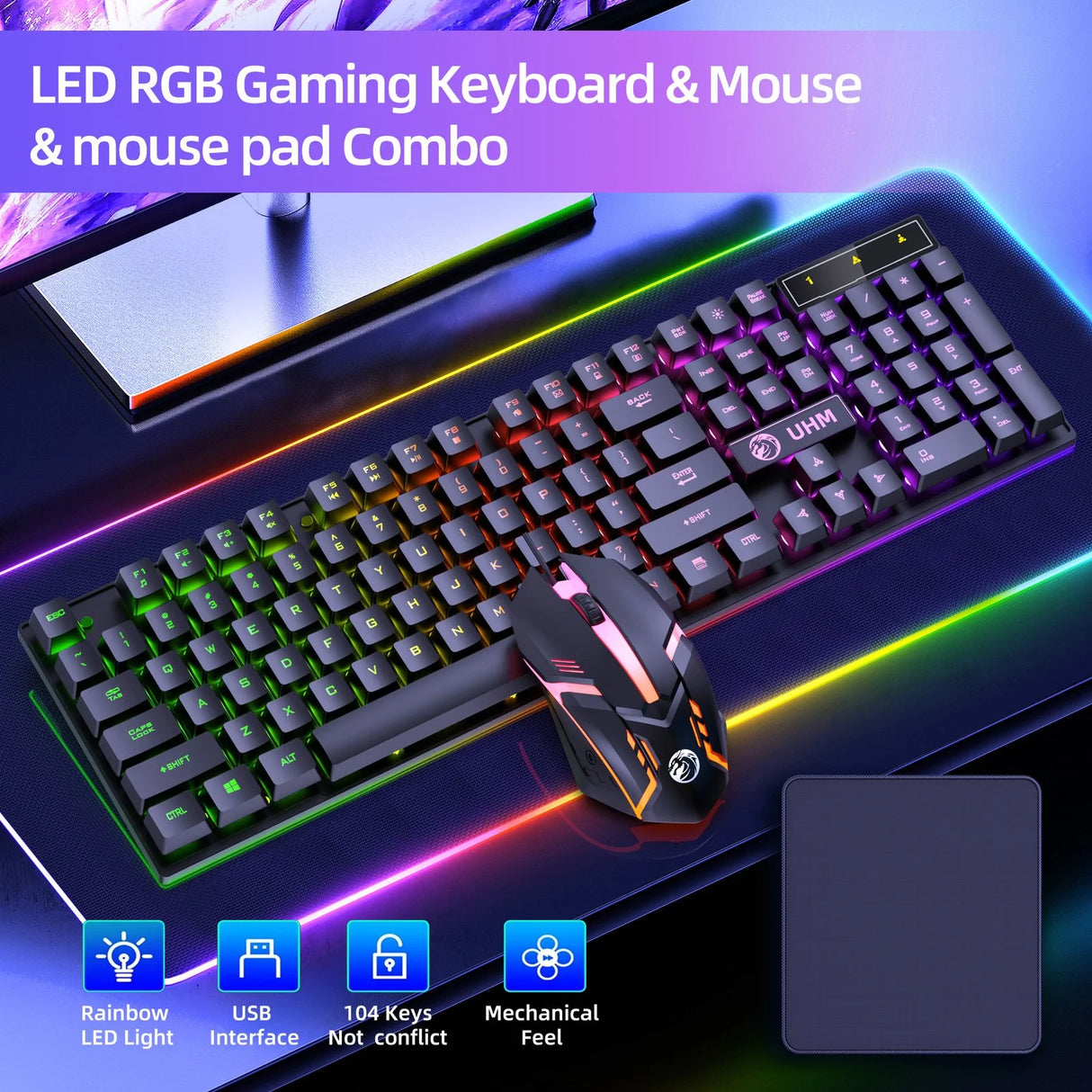 Wired Gaming Keyboard & Mouse Combo, RGB Backlit Mechanical Feel Gaming Keyboard