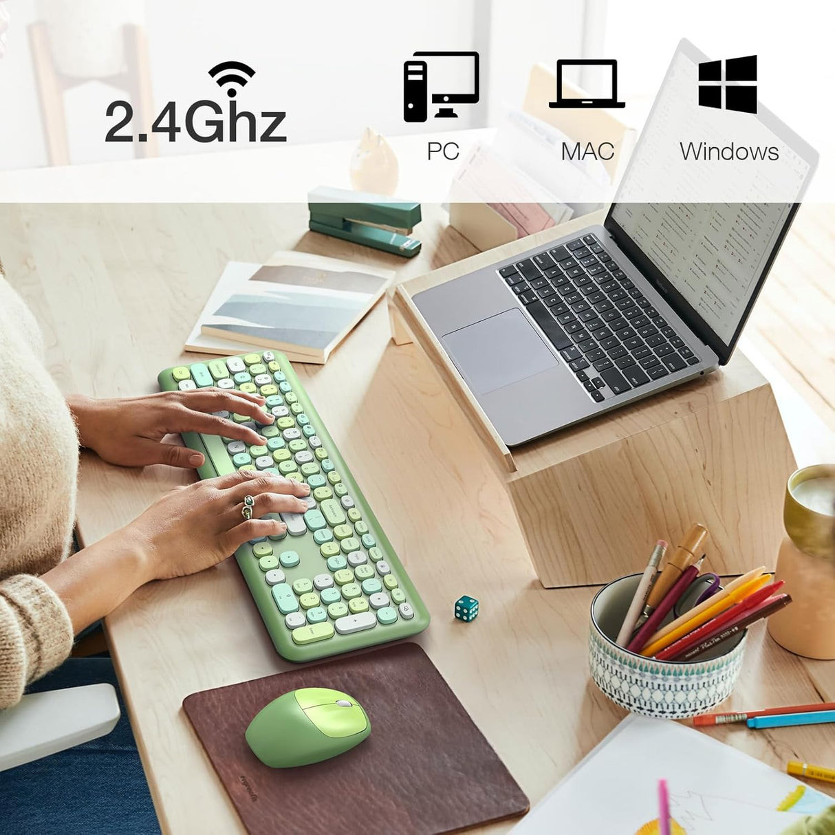 Wireless Keyboard and Mouse Combo Silent, Slim Compact 2.4G USB Full Size Wireless Mouse and Keyboard Combo, Cute 110 Keys for PC, Notebook, Macbook, Tablet, Laptop, Windows System