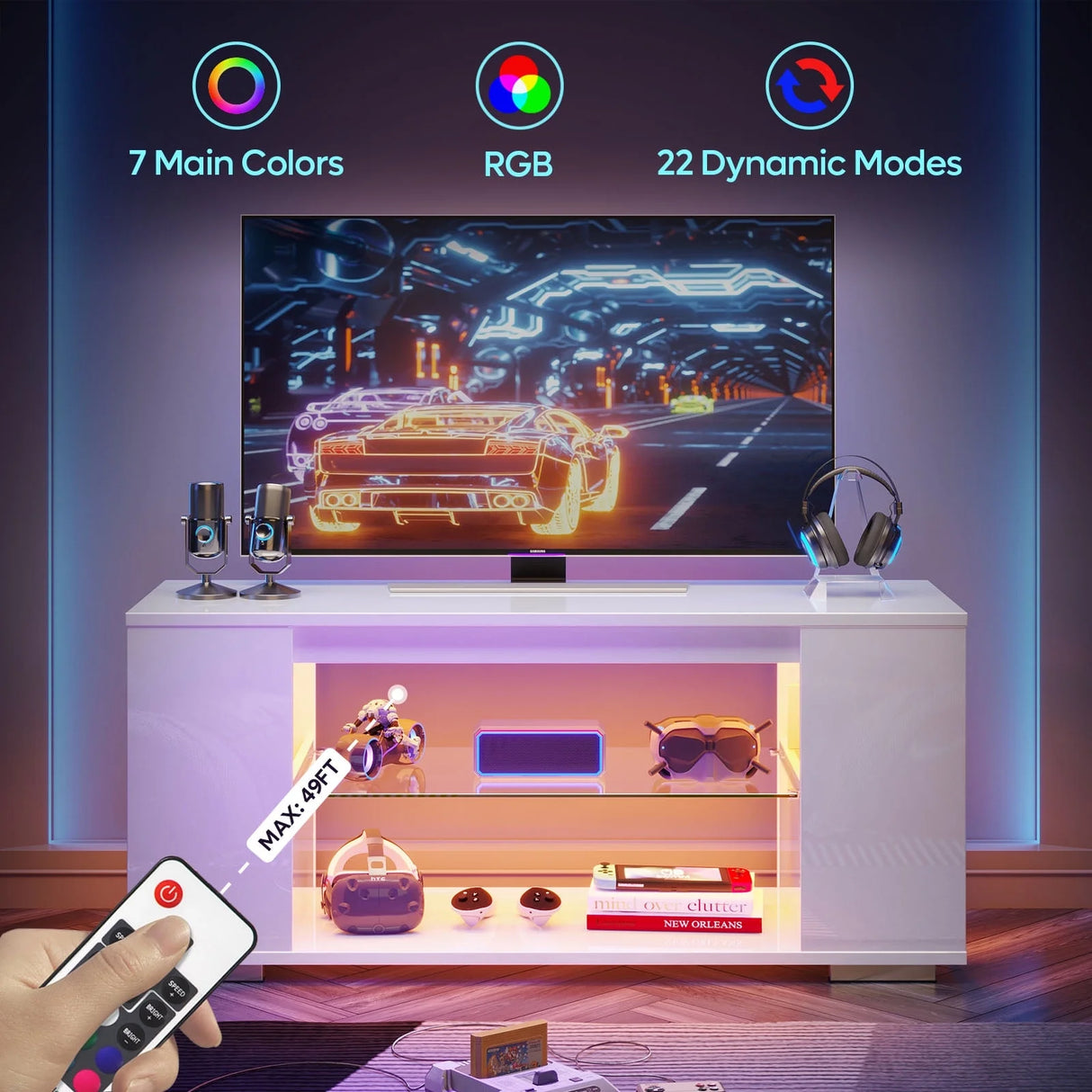 47'' TV Stand for Tvs up to 55", Gaming Entertainment Center with LED Lights, White