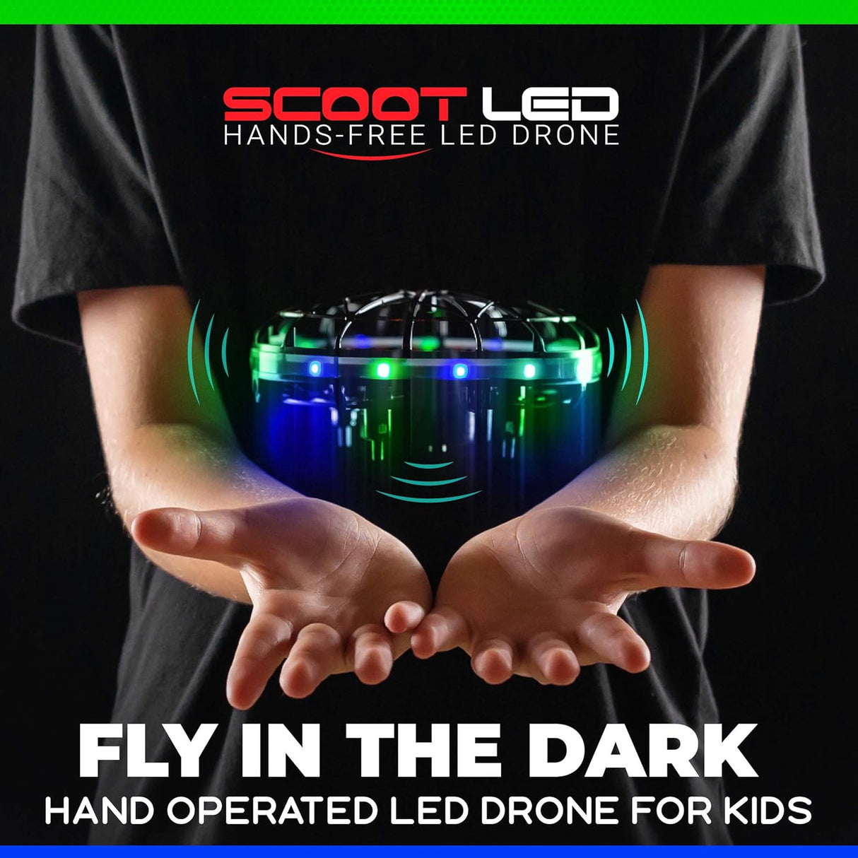 Scoot LED Hand Operated Drone for Kids or Adults - Hands Free Motion Sensor Mini Drones, Easy Indoor Flying Orb Ball Small UFO Toy for Boys and Girls (Green/Blue)