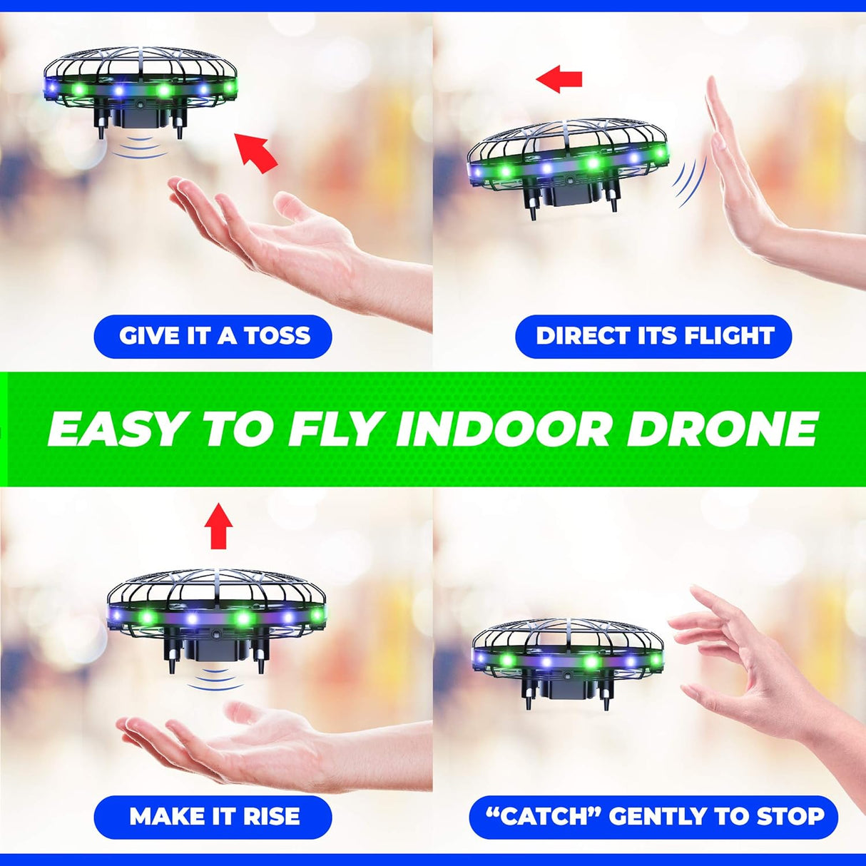 Scoot LED Hand Operated Drone for Kids or Adults - Hands Free Motion Sensor Mini Drones, Easy Indoor Flying Orb Ball Small UFO Toy for Boys and Girls (Green/Blue)