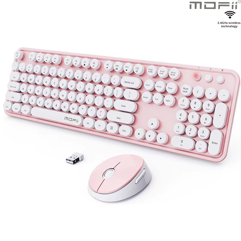 Ergonomic 104 Keys Full Size round Retro Keycaps Wireless Keyboard and Mouse Set 2.4G Wireless Keyboard Mouse Combo for Desktop