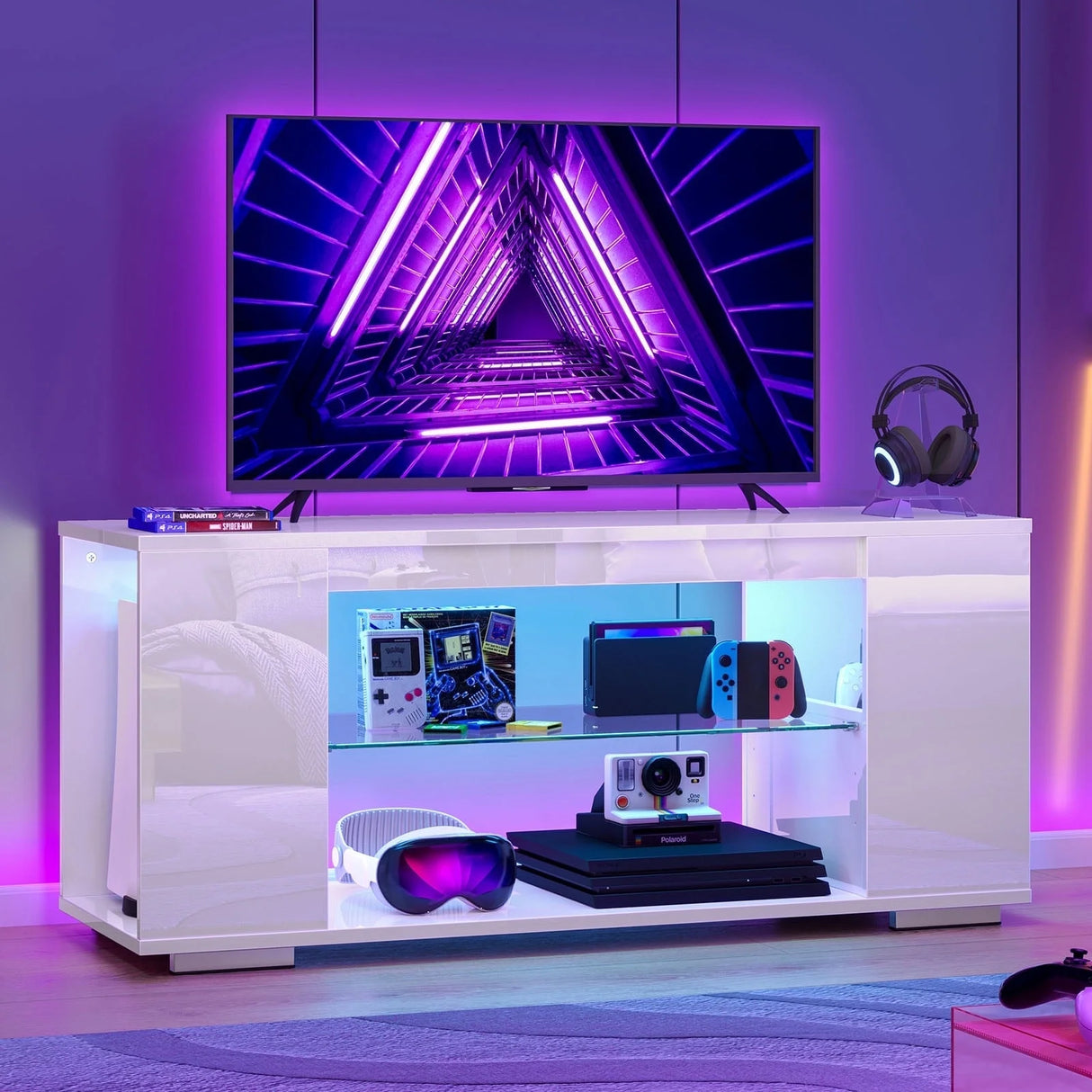 47'' TV Stand for Tvs up to 55", Gaming Entertainment Center with LED Lights, White