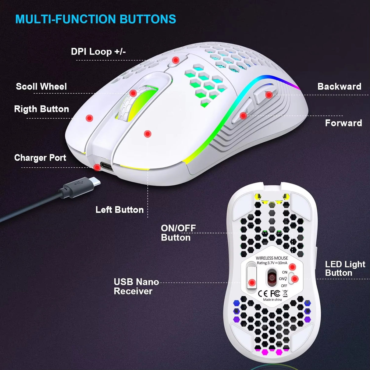 2.4G USB and Type-C Wireless Gaming Mouse RGB Backlight Rechargeable Adjustable DPI Ergonomic Mice for PC Laptop Mac Android