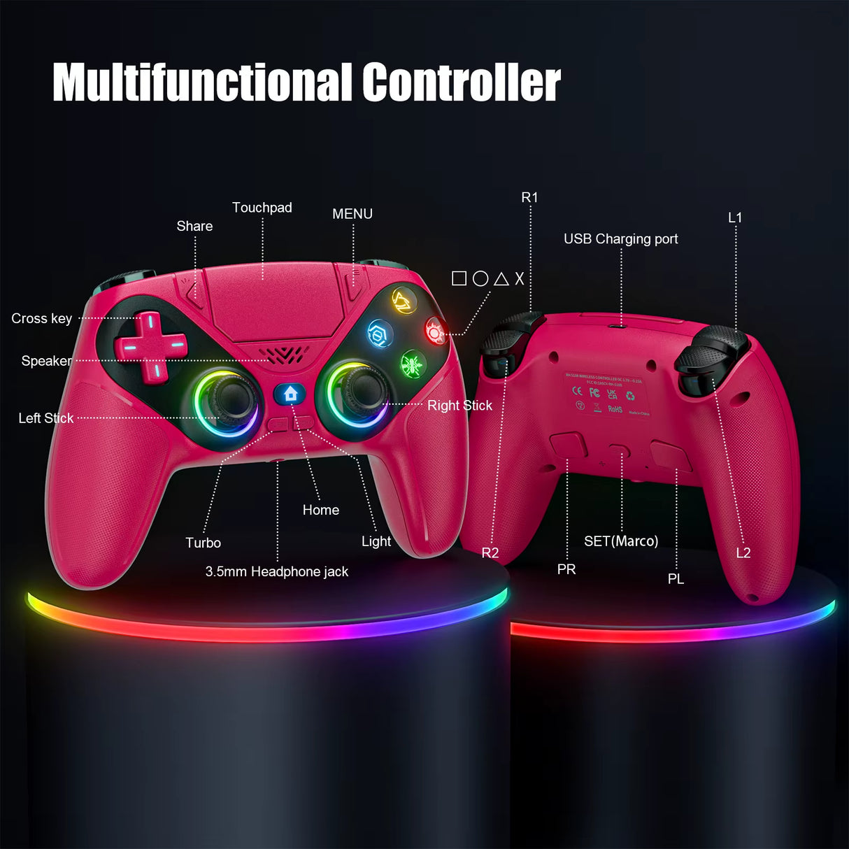 Wireless Gaming Controller Compatible for Ps5/Ps5 Pro/Pc with Hall Joystick Dual Vibration Bluetooth Gamepad Turbo Programming