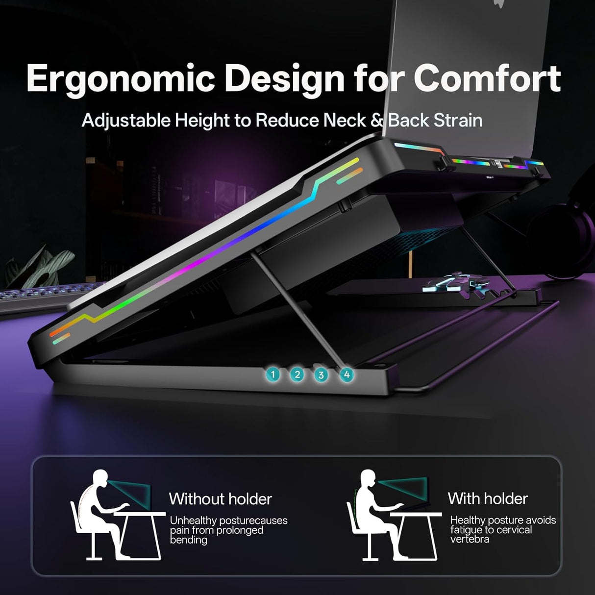 Movable RGB Laptop Cooler with 5.5" Sliding Fan, Ergonomic Cooling Stand with 8 Light Modes for 14-17.3 Inch Gaming Laptops