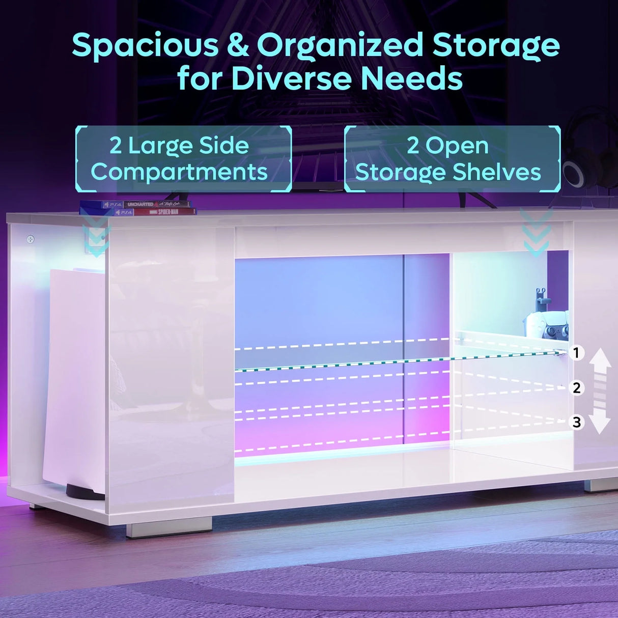 47'' TV Stand for Tvs up to 55", Gaming Entertainment Center with LED Lights, White