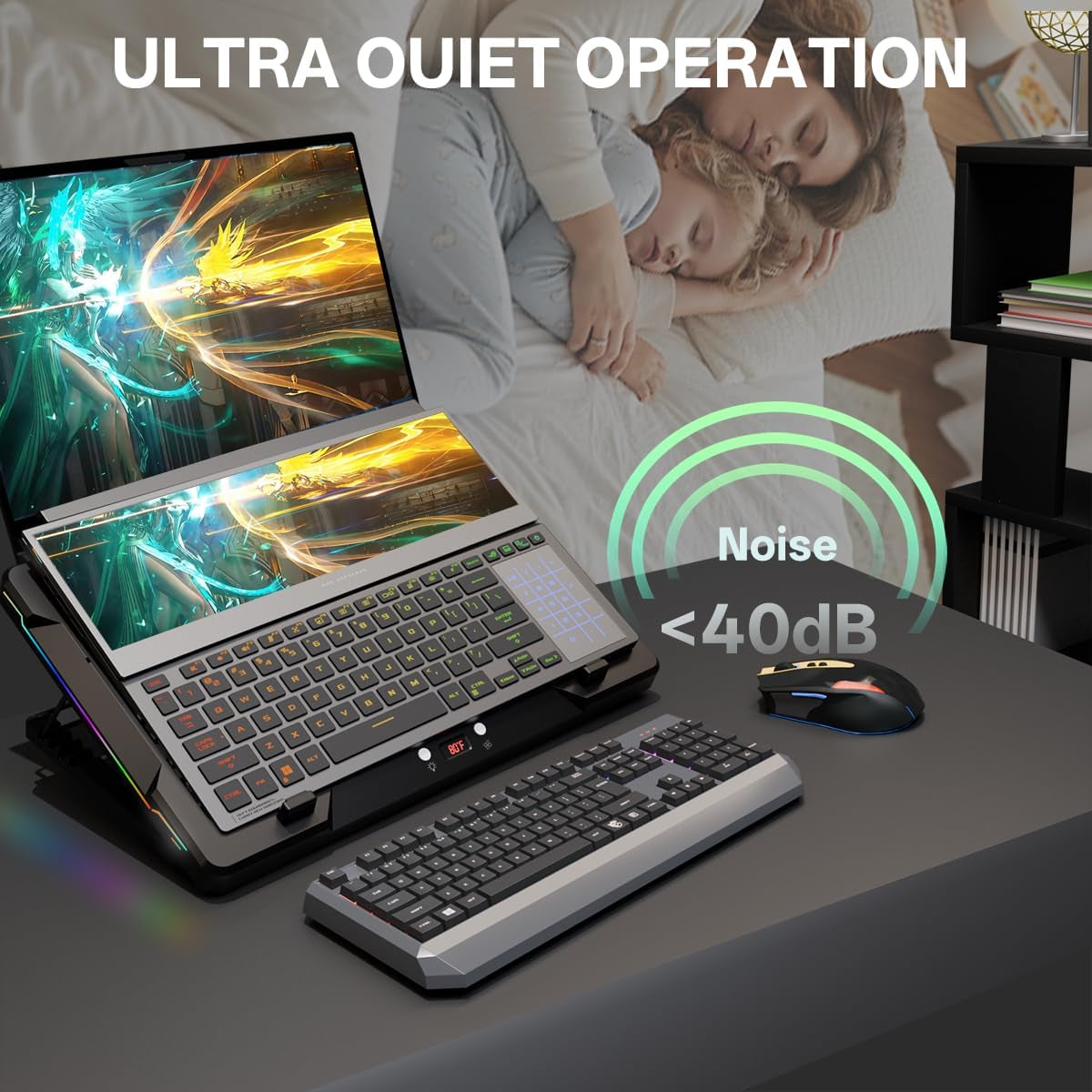 Movable RGB Laptop Cooler with 5.5" Sliding Fan, Ergonomic Cooling Stand with 8 Light Modes for 14-17.3 Inch Gaming Laptops