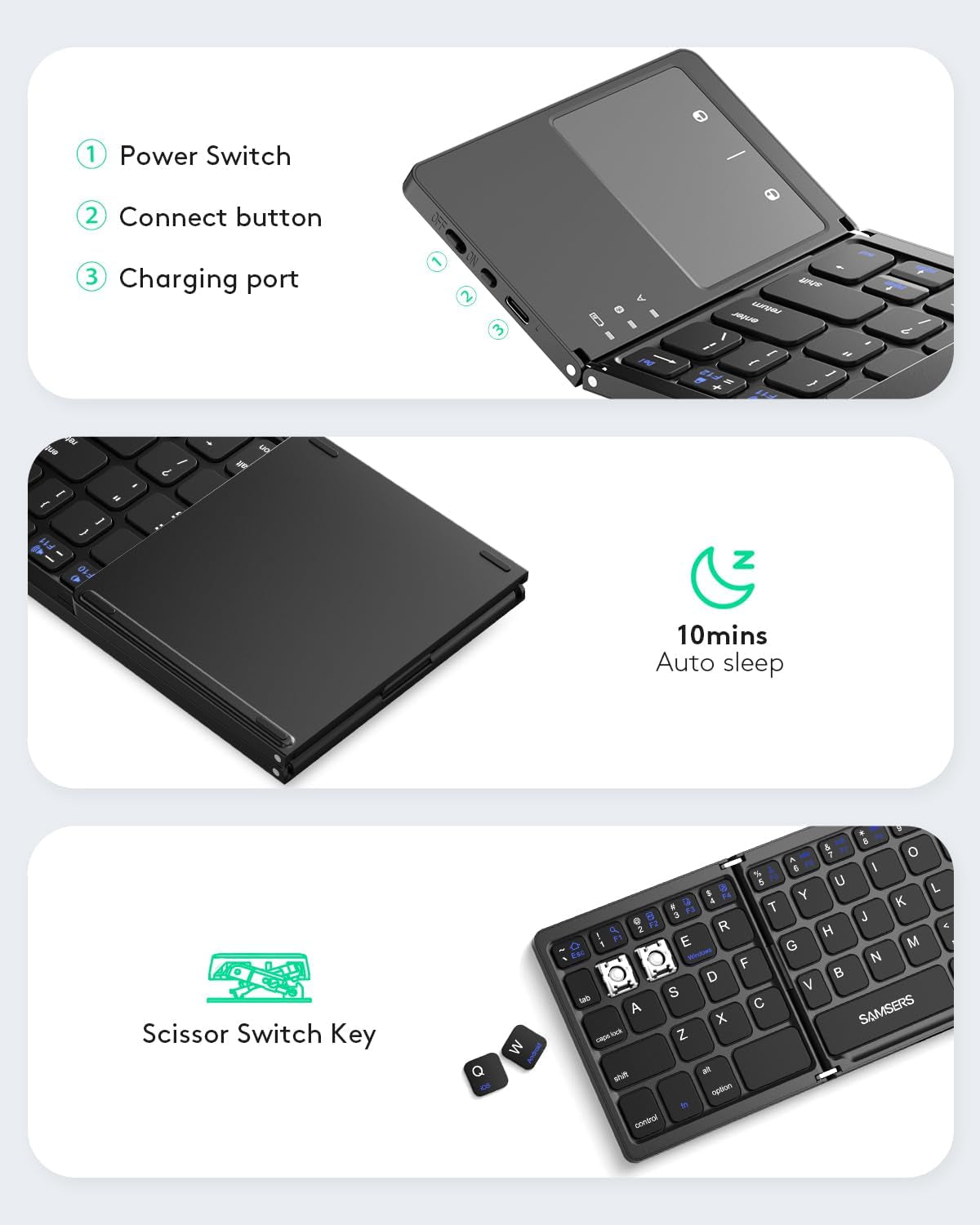 Foldable Bluetooth Keyboard with Touchpad - Portable Wireless Keyboard with Holder, Rechargeable Full Size Ultra Slim Pocket Folding Keyboards for Android Windows Ios Tablet & Laptop - Black