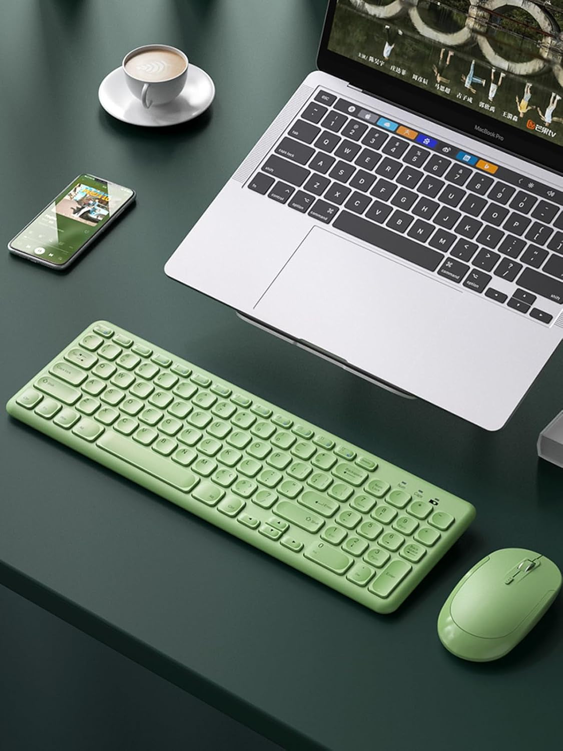 Wireless Keyboard and Mouse Combo, Sweet Mixed Color Cute Keyboard, 2.4G USB Ergonomic Keyboard and Mouse Combo for Computer, Laptop, PC Desktops, Mac (Green New)