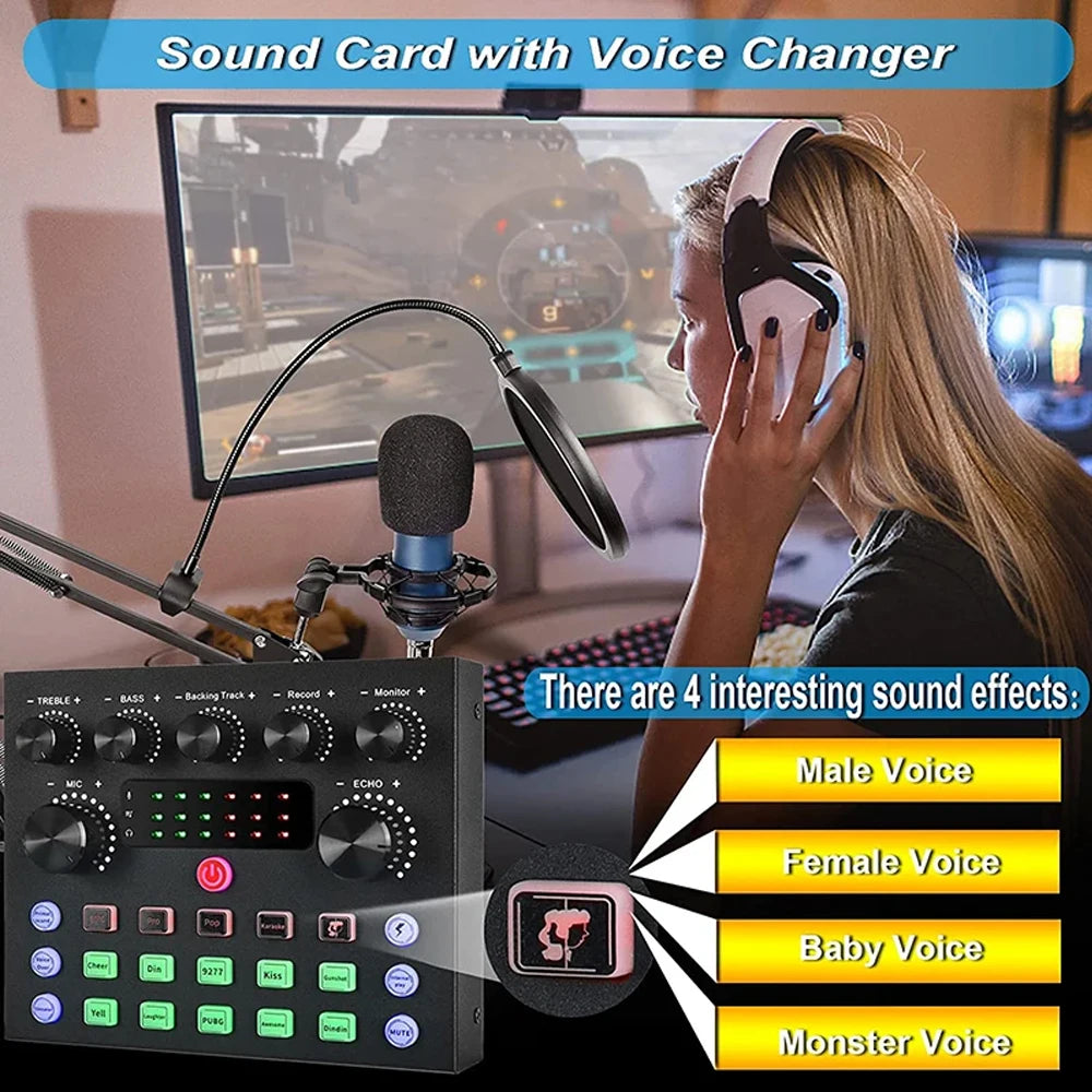 V8S Live Sound Card Podcast Equipment Live Broadcast DJ Device with BM800 Microphone Set for Music/Recording Live Streaming