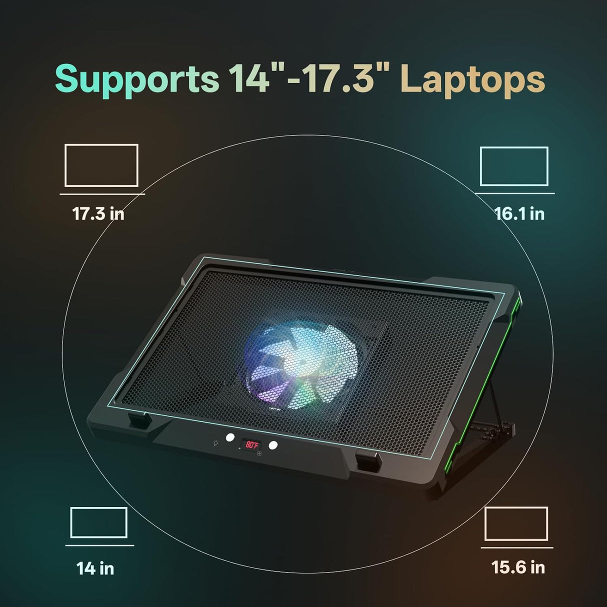 Movable RGB Laptop Cooler with 5.5" Sliding Fan, Ergonomic Cooling Stand with 8 Light Modes for 14-17.3 Inch Gaming Laptops