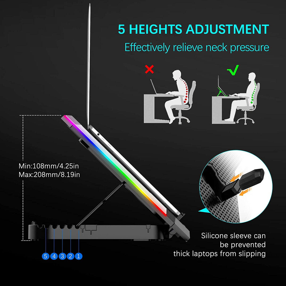 Topmate C11 Laptop Cooling Pad RGB Gaming Notebook Cooler, Laptop Fan Stand Adju