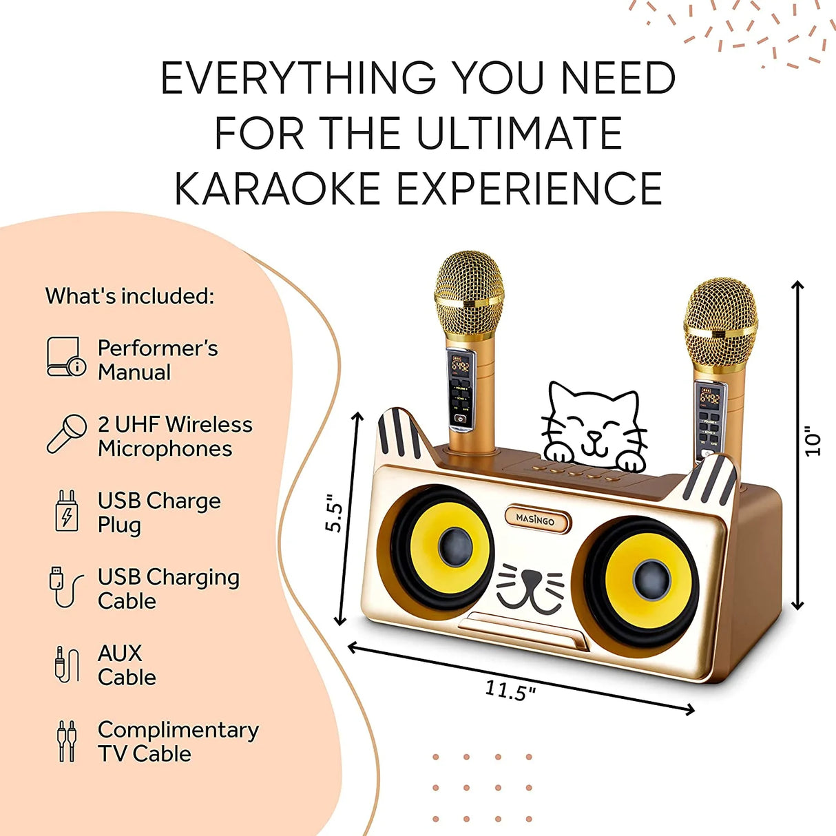 Portable Kitty Cat Karaoke Machine for Kids, Children, & Toddlers W/Bluetooth Speakers, 2 Wireless Microphones, PA System & Karaoke Song Mode! Best Birthday Gift for Boys & Girls - Spinto G3