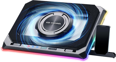 Gaming Laptop Cooling Pad with Powerful Turbofan, Laptop Fan Cooling Pad for Laptop 15-21 Inches, RGB Laptop Cooler Stand with 8 Height Adjustable, Infinitely Variable Speed, LCD Screen