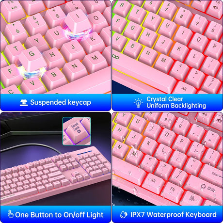 Gaming Keyboard and Mouse Combo, Rainbow LED Backlit Multimedia PC Gaming Keyboard, Office Keyboard Colorful Breathing Backlit Gaming Mouse for Working or Primer Gaming, Office Device,Pink