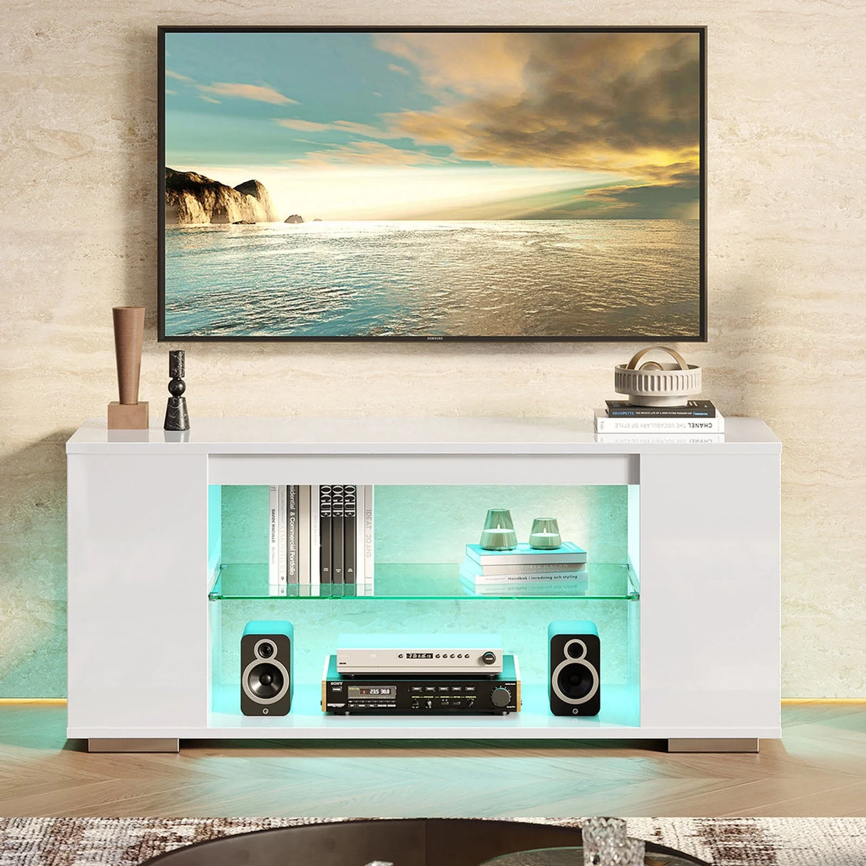 47'' TV Stand for Tvs up to 55", Gaming Entertainment Center with LED Lights, White