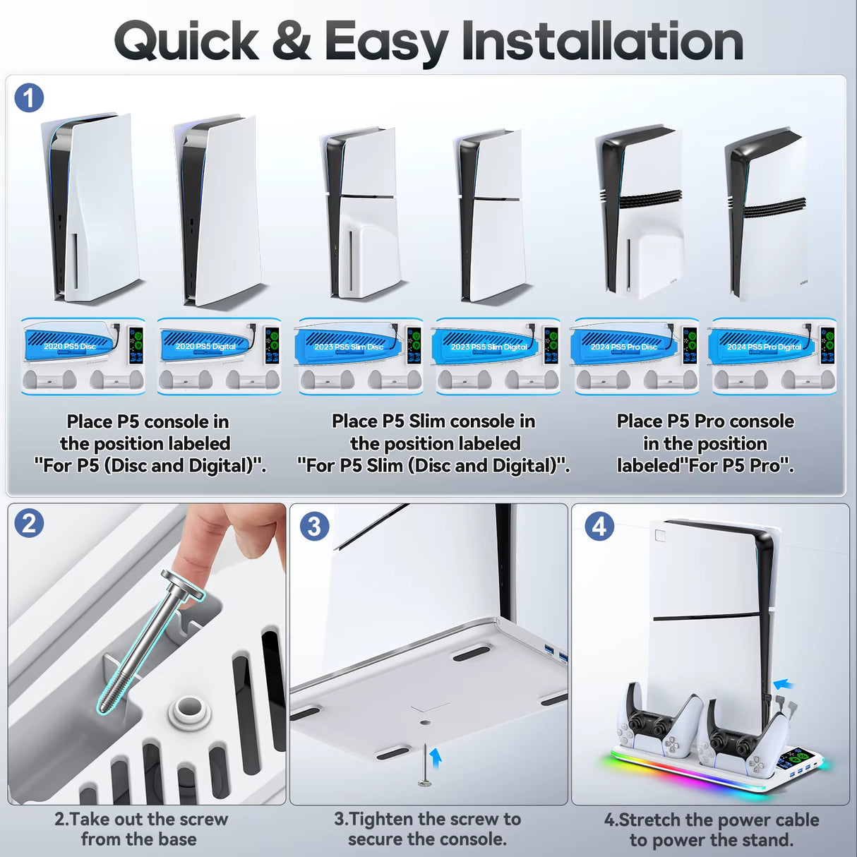 For PS5/PS5 Slim/Ps5 Pro Stand with Headphone Hook Cooling Stand & Controller Charging Station for PS5 with 3 Levels Cooling Fan