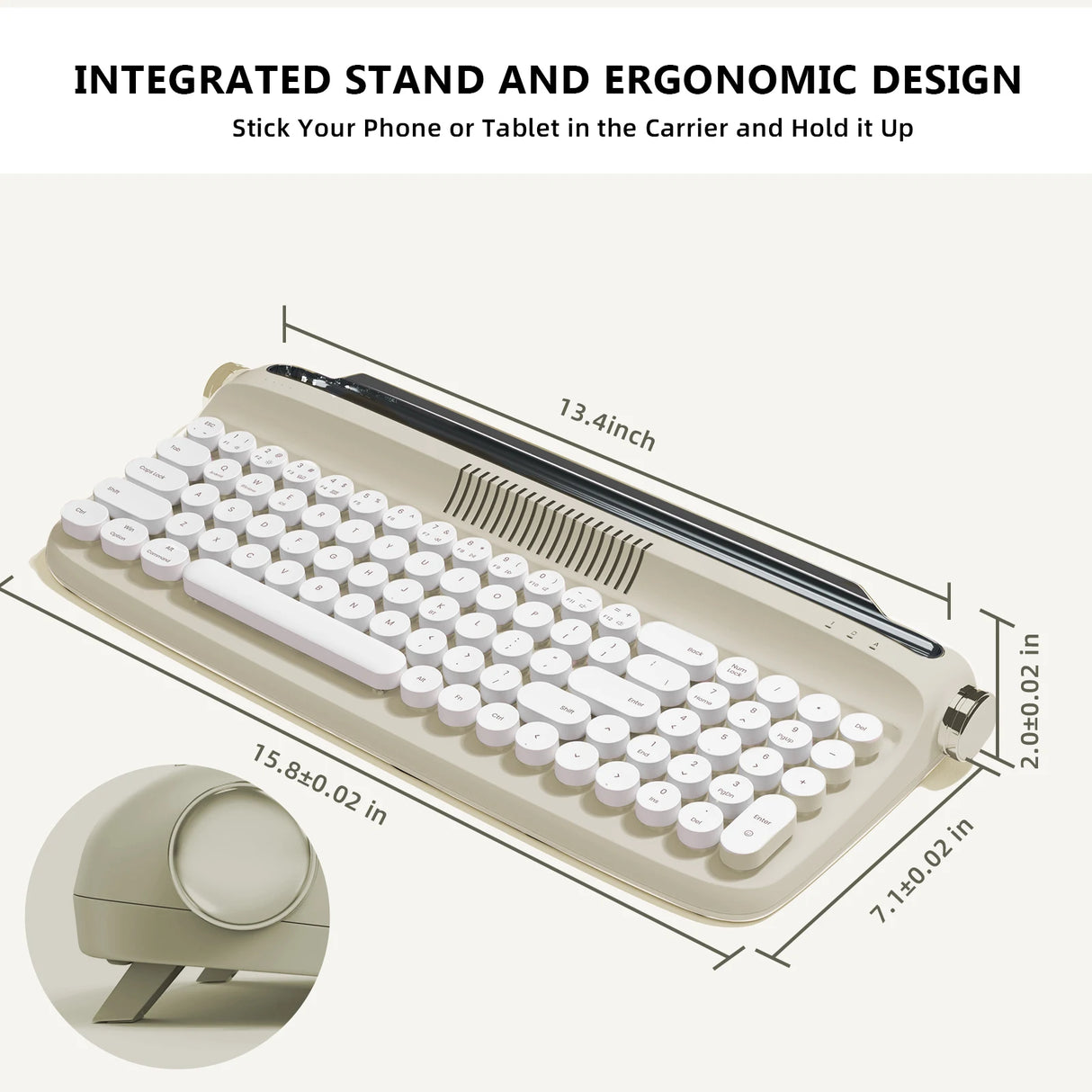B309 Sand Beige Upgraded Retro Wireless Usb-C/Bluetooth Typewriter Keyboard with Cute round Keycaps&Integrated Stands