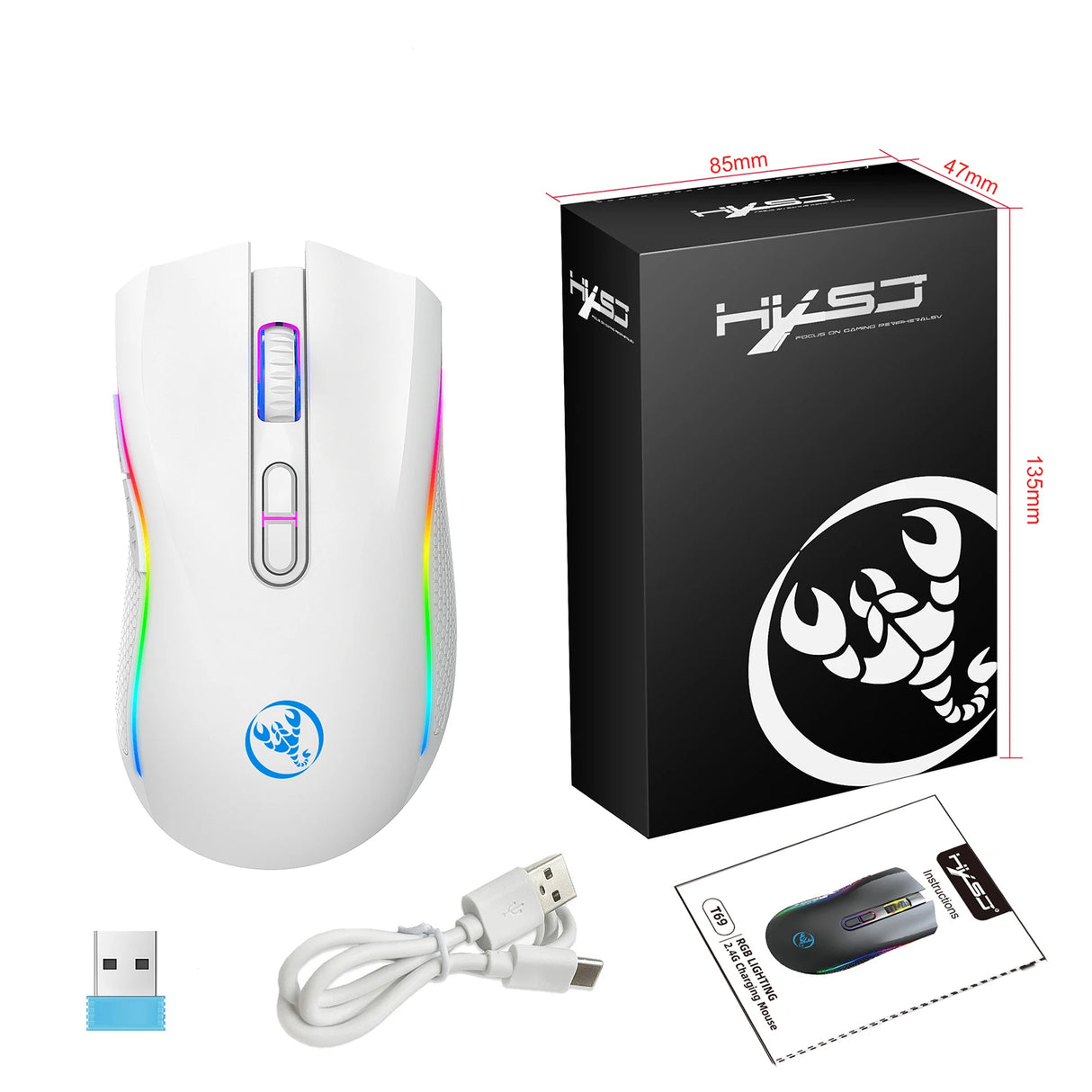 T69 2.4G Wireless Mechanical Mouse RGB Gaming Mouse Ergonomic 7 Programmable Buttons 4800DPI Mouse for Office Gamer