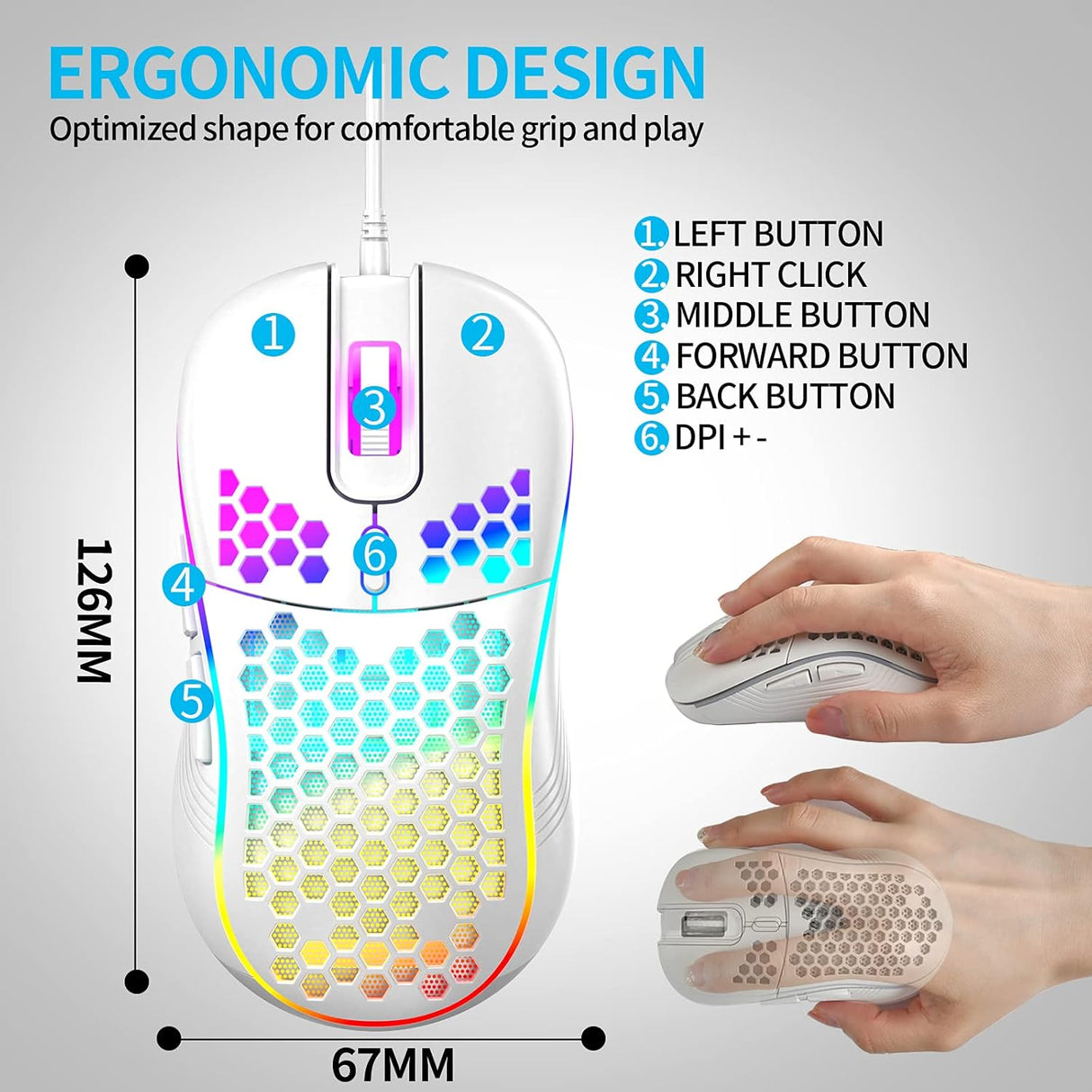 Honeycomb Wired Gaming Mouse with RGB On/Off Switch, 7200 Adjustable DPI, Ergonomic Lightweight Design & High Precision Sensor for Pc/Mac Gamers (White)