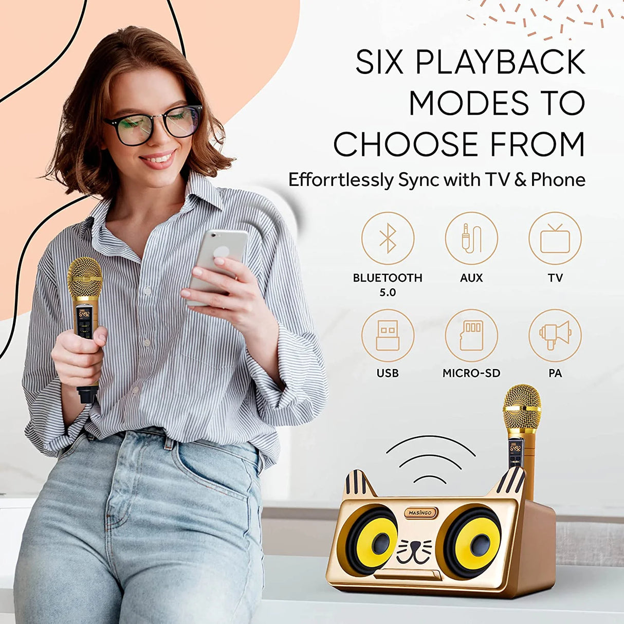 Portable Kitty Cat Karaoke Machine for Kids, Children, & Toddlers W/Bluetooth Speakers, 2 Wireless Microphones, PA System & Karaoke Song Mode! Best Birthday Gift for Boys & Girls - Spinto G3