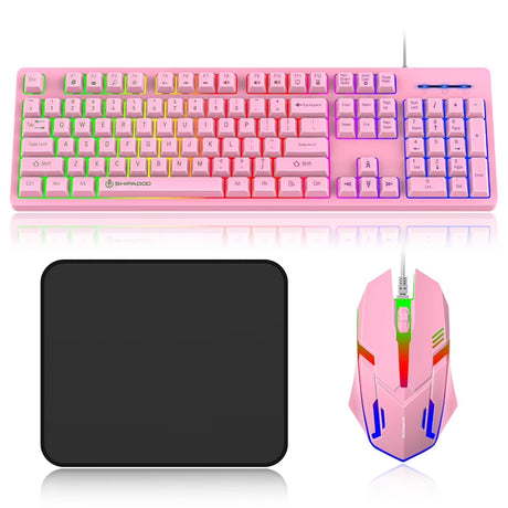 Gaming Keyboard and Mouse Combo, Rainbow LED Backlit Multimedia PC Gaming Keyboard, Office Keyboard Colorful Breathing Backlit Gaming Mouse for Working or Primer Gaming, Office Device,Pink