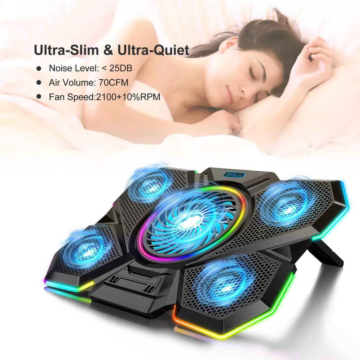 Laptop Cooling Pad, Gaming Laptop Cooler with 5 Quiet Fans and LED Lights (On...