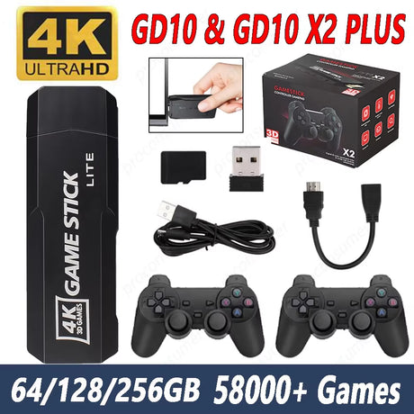 GD10 X2 plus Game Stick 4K HD Retro Video Game Console Wireless Controllers 64/128/256GB Built-In 58000 Games Support TF Card