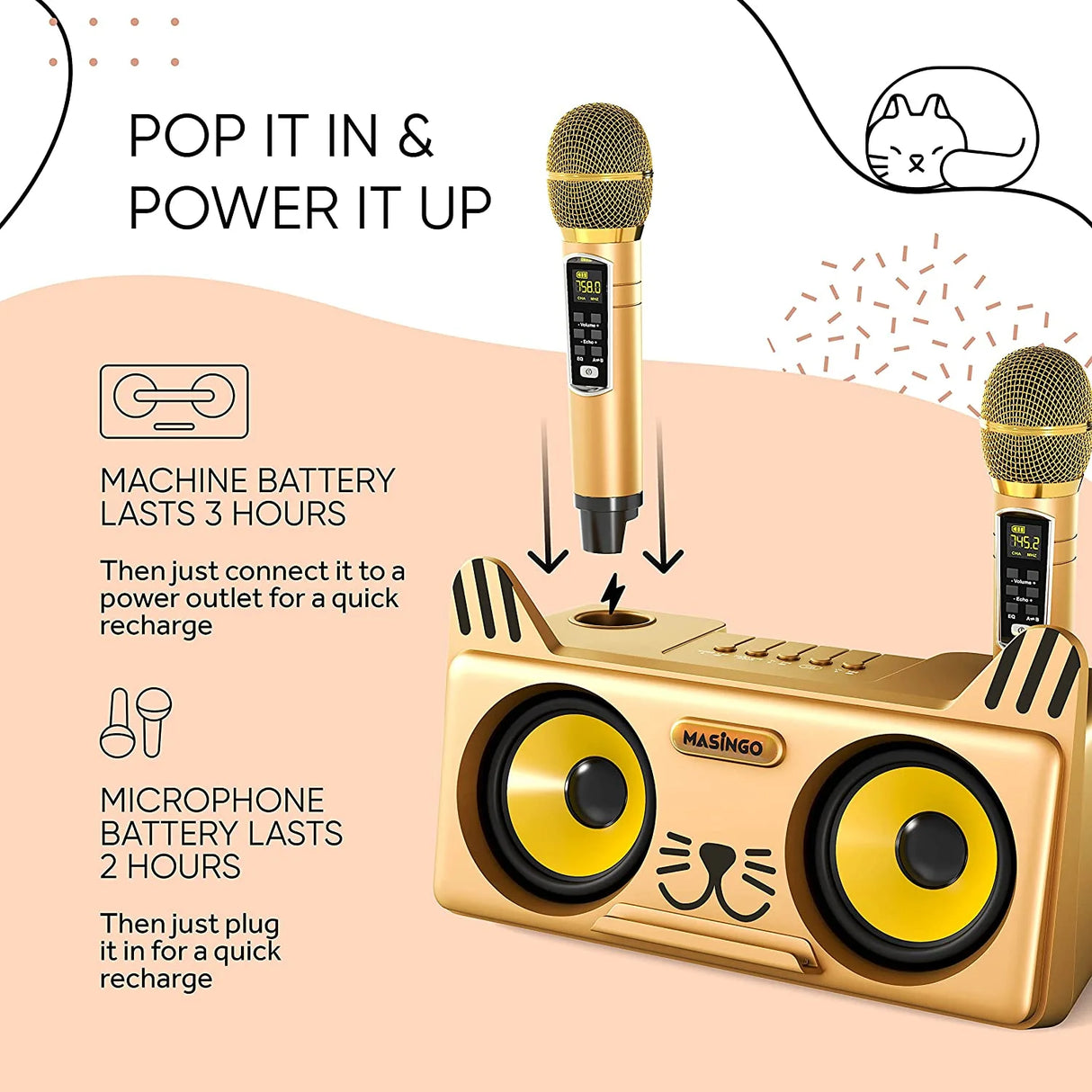 Portable Kitty Cat Karaoke Machine for Kids, Children, & Toddlers W/Bluetooth Speakers, 2 Wireless Microphones, PA System & Karaoke Song Mode! Best Birthday Gift for Boys & Girls - Spinto G3