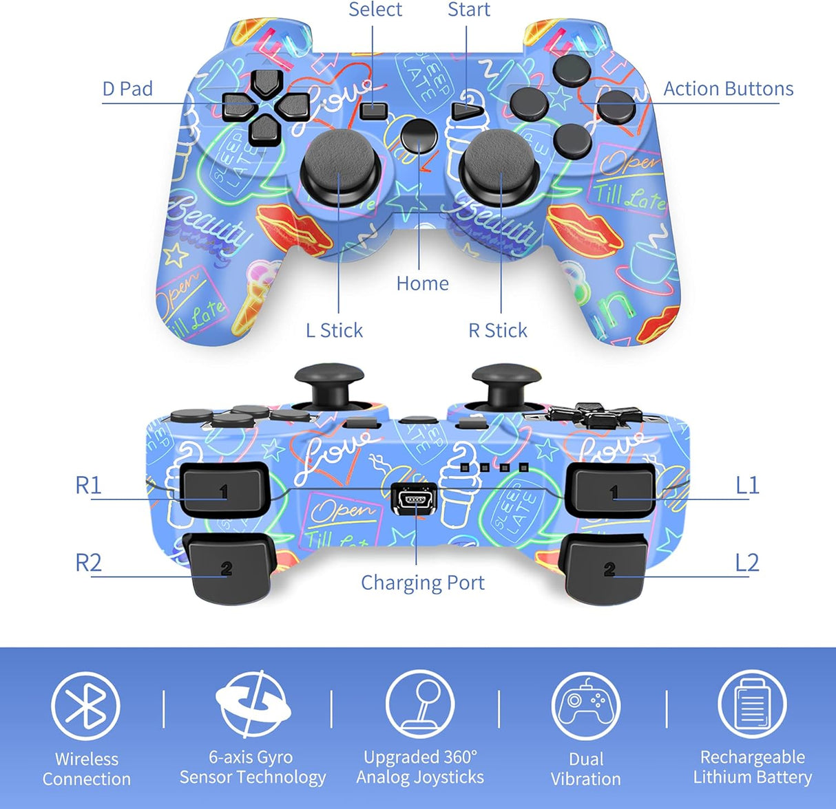 Controller, Wireless Controller, Game Controller Compatible for Play3 Remote with Charger and Thumb Gripss