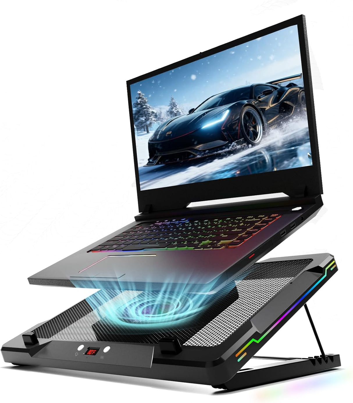 Movable RGB Laptop Cooler with 5.5" Sliding Fan, Ergonomic Cooling Stand with 8 Light Modes for 14-17.3 Inch Gaming Laptops