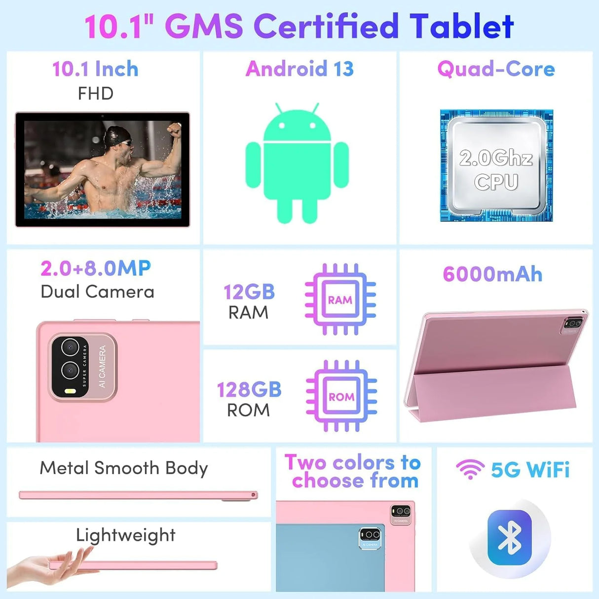 Android 13 Tablet with Keyboard, 10 Inch 2 in 1 Tablets, 12GB RAM+128GB ROM 2.0Ghz CPU Tableta, 2.4G/5G Wifi6 BT 5.0 Tablet PC, 1280*800 HD Tablet with Case Mouse Stylus Film, 6000Mah Battery Tablet