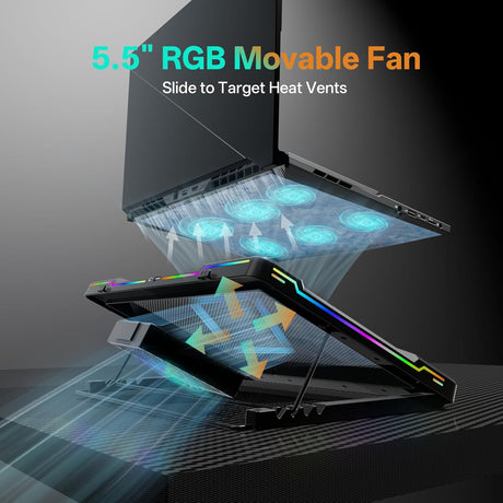 Movable RGB Laptop Cooler with 5.5" Sliding Fan, Ergonomic Cooling Stand with 8 Light Modes for 14-17.3 Inch Gaming Laptops