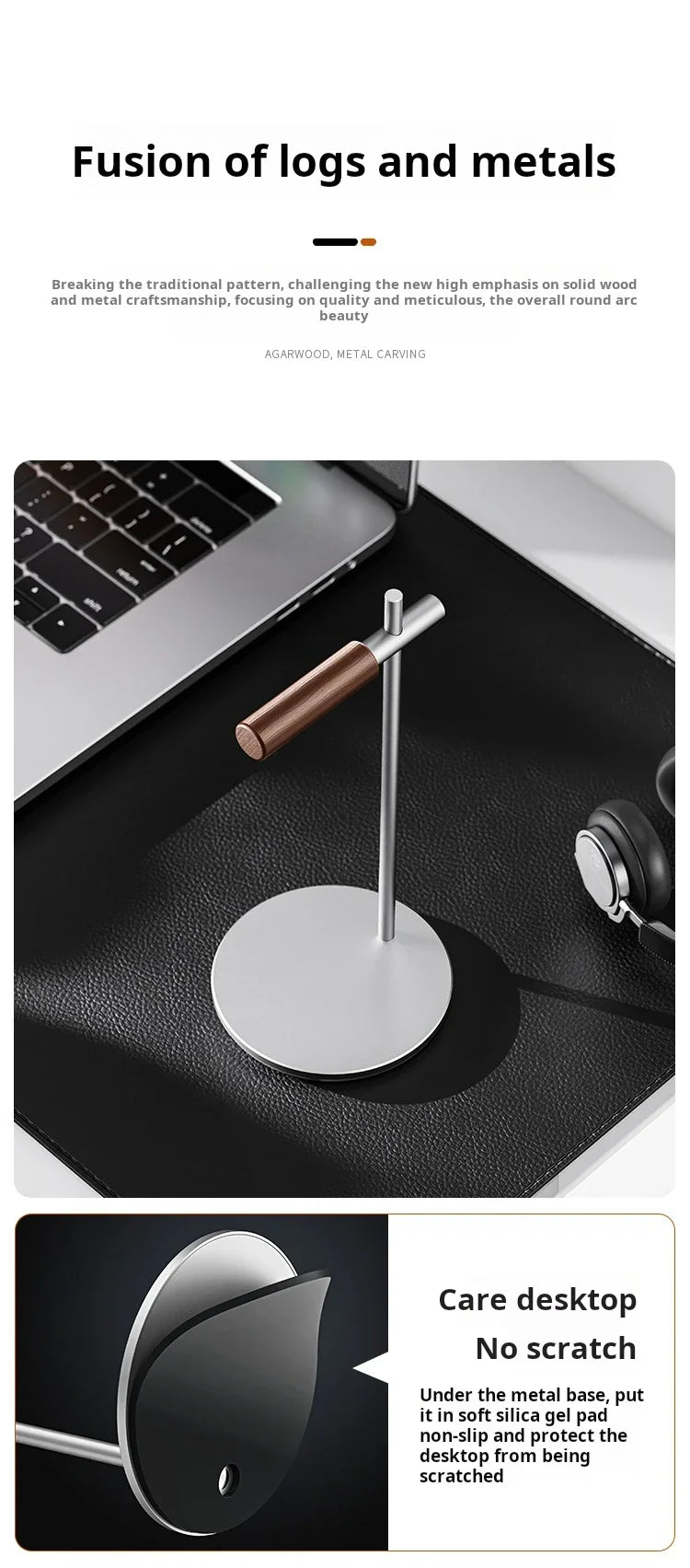 Headphone Stand Headset Holder Earphone Stand with Aluminum & Walnut Wood Desk Gaming Headphone Hook for VR