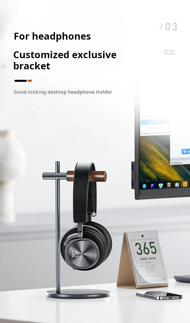 Headphone Stand Headset Holder Earphone Stand with Aluminum & Walnut Wood Desk Gaming Headphone Hook for VR