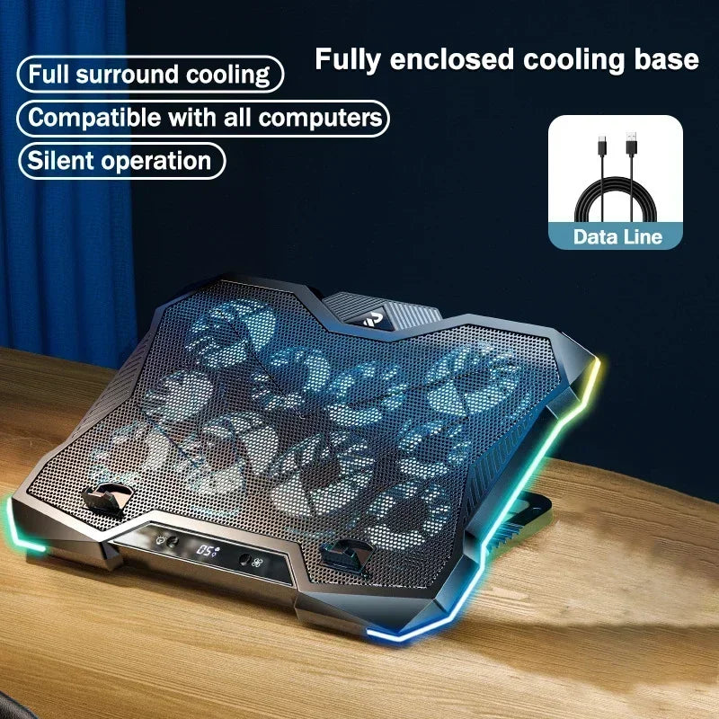 D11 Gaming Laptop Cooler 10 Fans Foldable Adjustable Notebook Stand Heat Dissipation Holder for 12-18'' Cooling Pad W/ RGB Light