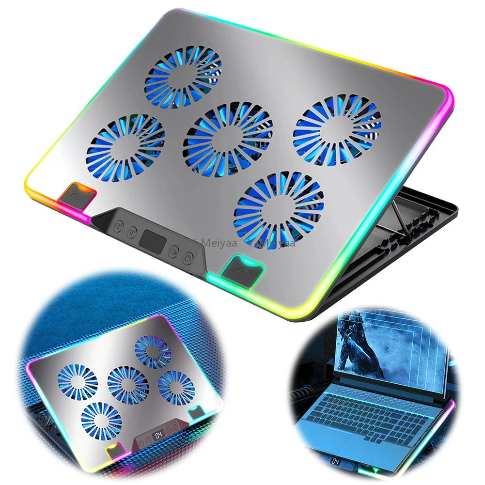Laptop Cooling Pad with 5 Quiet Fans Laptop Cooling Stand Height Adjustable RGB for 11-17.3in Computer PC Notebook Gaming Laptop