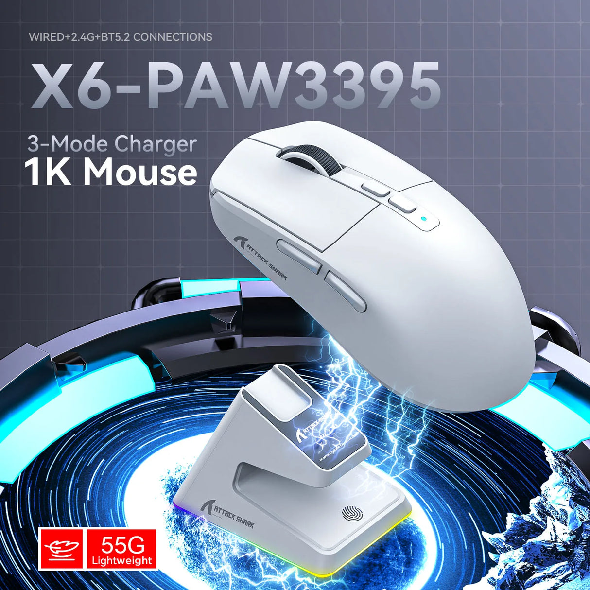Attack Shark X6 PAW3395 Bluetooth Gaming Mouse , Tri-Mode Connection, RGB Touch Magnetic Charging Base, Macro Gaming Mouse