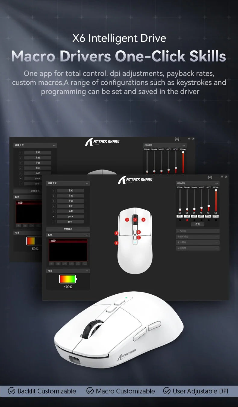 Attack Shark X6 PAW3395 Bluetooth Gaming Mouse , Tri-Mode Connection, RGB Touch Magnetic Charging Base, Macro Gaming Mouse