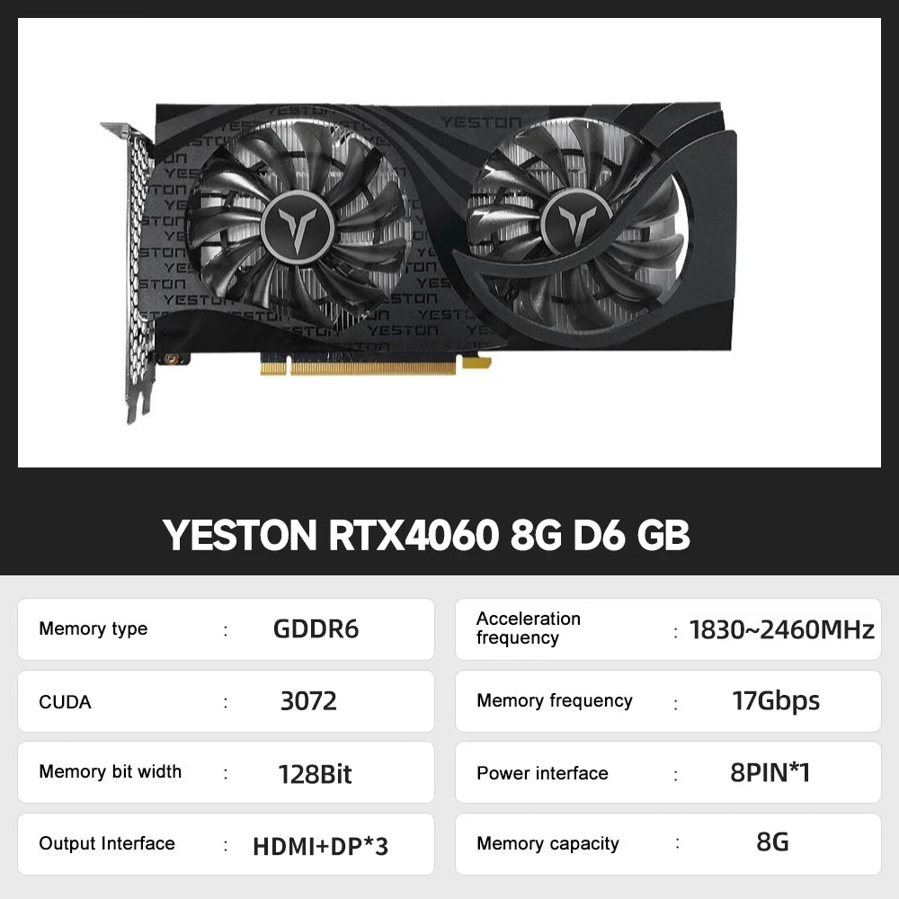 Yeston RTX 4060 RTX 4060 TI 8G Gaming Graphics Card 8G GDDR6 128-bit PCI-E 4.0 HDMI 8Pin Desktop Video Card placa de video